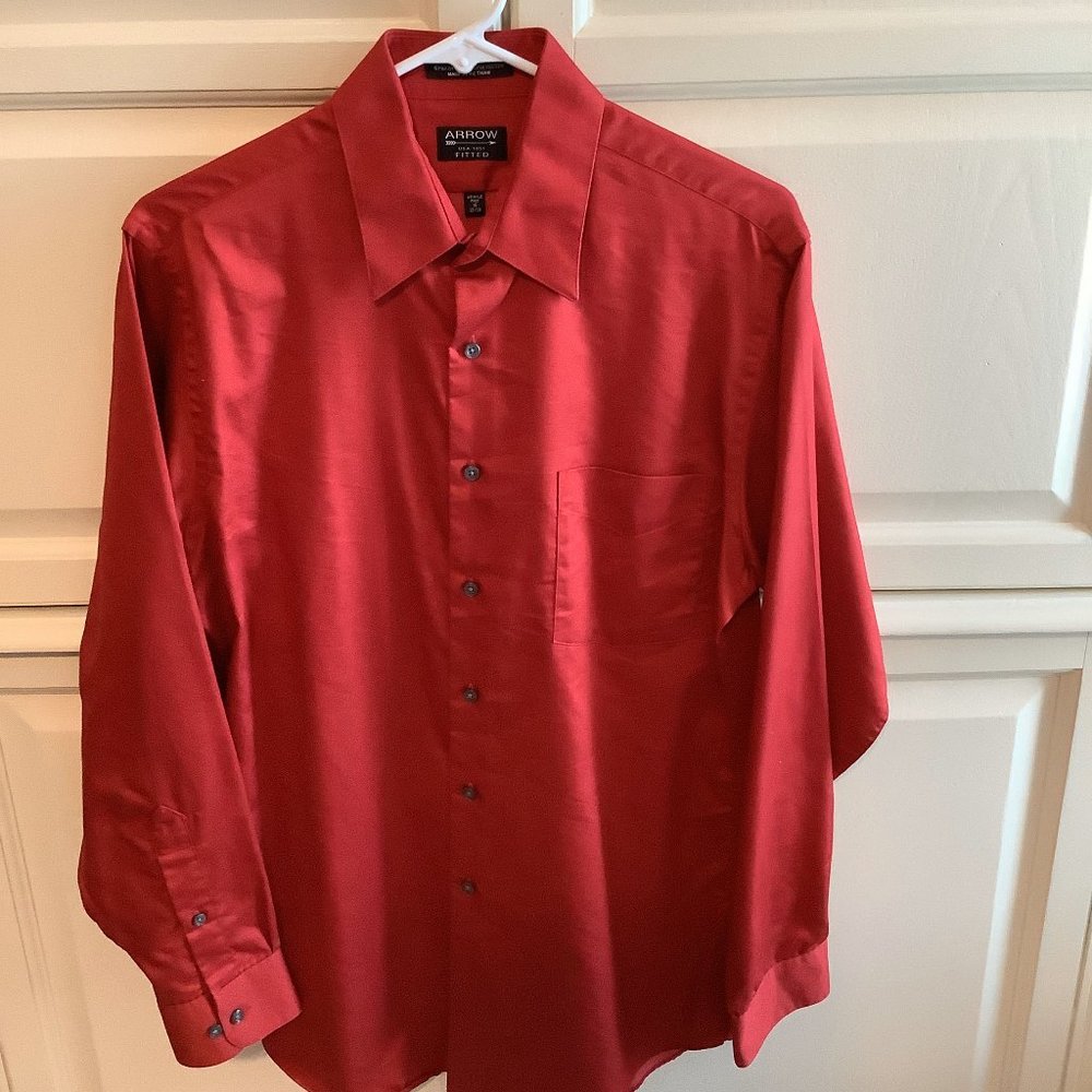 Arrow Mens Red Fitted Dress Shirt- Wrinkle Free- Size 15